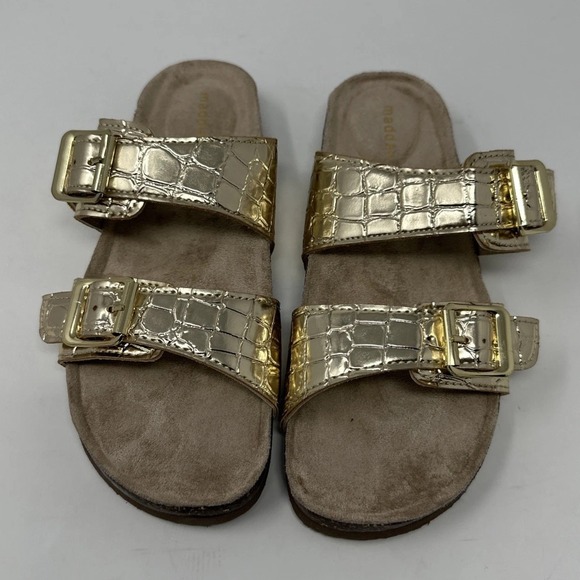 Madden Girl Sandals Women's 6 1/2 Brando Metallic Gold Buckle Slides Textured - Picture 2 of 6